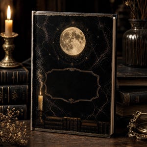 May include: A hardcover book with a black cover featuring a large, detailed full moon graphic at the top, a central ornate rectangular frame for text, and a small illustration of a lit candle next to a row of books at the bottom edge.