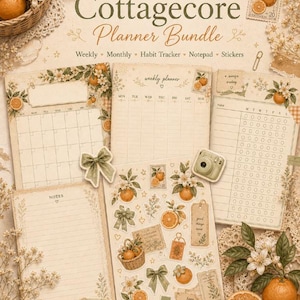 Puede incluir: Un conjunto de papelería Citrus Cottagecore con hojas impresas con motivos de naranjas y flores. El set incluye un planificador semanal, un calendario mensual, un rastreador de hábitos, un bloc de notas y una hoja de pegatinas decorativas.