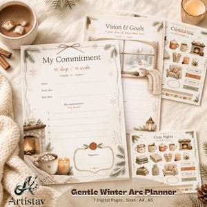 May include: A digital planner set featuring a My Commitment page with a fireplace and candle illustration, a Vision & Goals page with a snowy window scene, and a Cozy Nights sticker sheet with winter-themed icons, all in soft beige tones.
