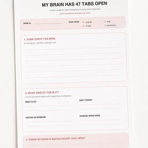 May include: A white paper planner page titled MY BRAIN HAS 47 TABS OPEN with sections for brain dump, tab categorization including need to do, waiting on someone, don't forget, random brain noise, and a section for things my brain is making urgent.