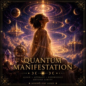Könnte beinhalten: Eine digitale Illustration mit einer Person im Profil vor einer kosmischen Kulisse mit Planeten, leuchtenden Türmen und Kristallen. Der Text lautet: QUANTUM MANIFESTATION, ALIGN ATTRACT EXPERIENCE BEYOND LIMITS und seventh star coven.