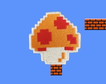 8-bit Mario Mushroom Embroidered Iron-on Patch from the Original Mario Brothers NES Video Game