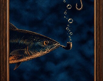 Vintage Fish Smoking Pipe Wall Art, Funny Nautical Digital Print, Dark Blue Gold Coastal Decor, Whimsical Fishing Poster, Dark Academia