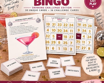 Adult Drinking Party Bingo, 30 Unique Challenge Cards (Digital Download)