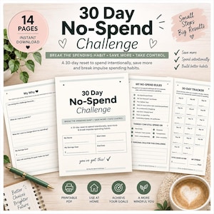 30-Day No-Spend Challenge Printable, Budget Tracker, Savings Goal Binder Inserts (PDF) image 1