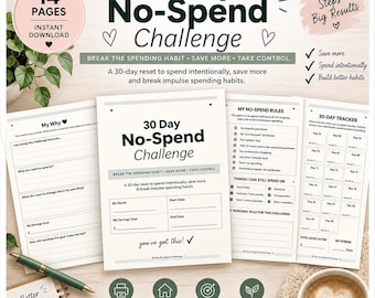 30-Day No-Spend Challenge Printable, Budget Tracker, Savings Goal Binder Inserts (PDF)