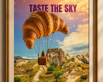 Surreal Croissant Hot Air Balloon Art Print: Whimsical Fantasy Pastry (Digital Download)
