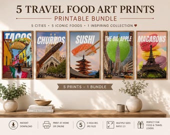 Travel Food Art Prints Bundle, 5 City Kitchen Posters (Digital Download)