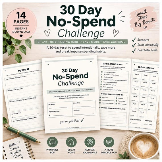 30-Day No-Spend Challenge Printable, Budget Tracker, Savings Goal Binder Inserts (PDF)