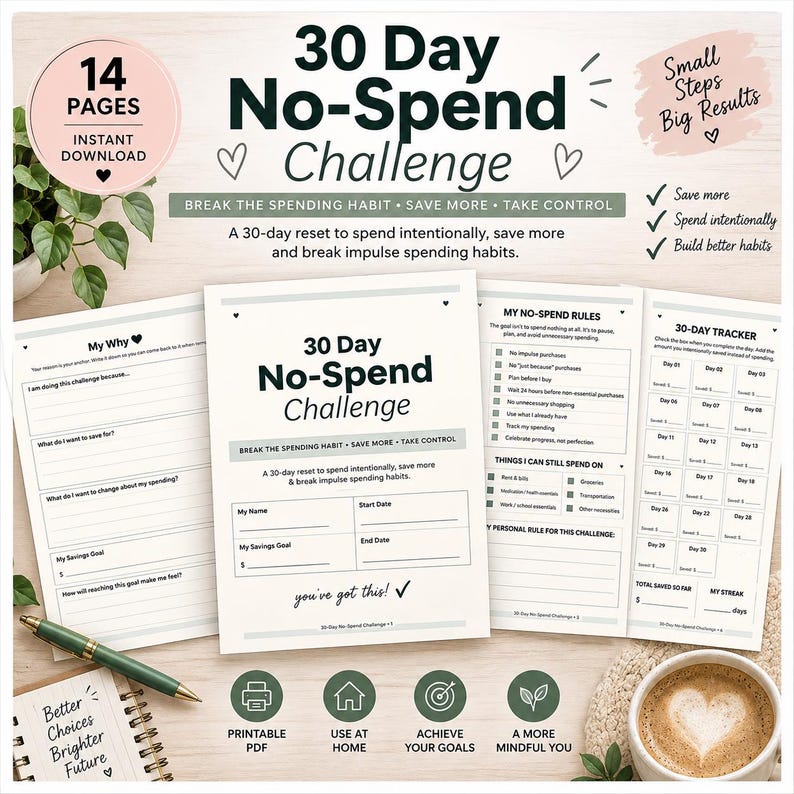 30-Day No-Spend Challenge Printable, Budget Tracker, Savings Goal Binder Inserts (PDF) image 1