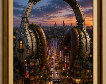 Surreal Headphones City Arch Art Print: Neon Cyberpunk Music Lover Gift (Digital Download)