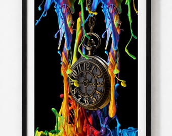Psychedelic Pocket Watch Art Print: Dripping Colorful Abstract Wall Decor (Digital Download)