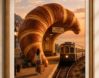 Surreal Croissant Train Station Art Print: Whimsical Fantasy Bakery Wall Art (Digital Download)