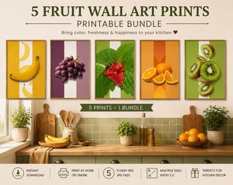 5-Piece Fruit Wall Art Bundle, Colorful Kitchen Prints (Digital Download)