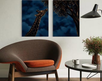 Midnight Blue Giraffe Diptych, Gold Scratchboard Leaves, Modern Nursery Art (Digital Download)
