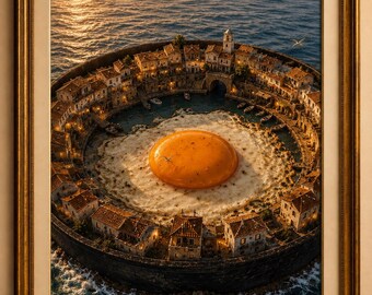 Surreal Fried Egg Island Art Print: Whimsical Kitchen Decor (Digital Download)