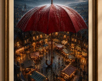 Surreal Red Umbrella Market Print: Dark Academia Fantasy Village (Digital Download)