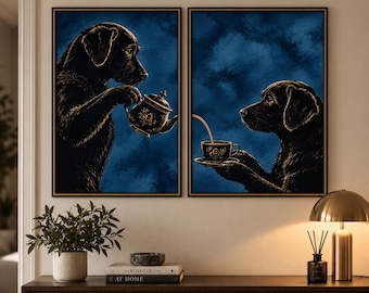 Black Labrador Tea Set Prints, Gold Engraving Style, Dark Blue Background (Digital Download)