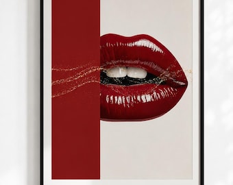Glamorous Red Lips Wall Art Print, Modern Abstract Beauty Room Decor (Digital Download)