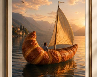 Surreal Croissant Sailboat Art Print: Whimsical Coastal Fantasy (Digital Download)