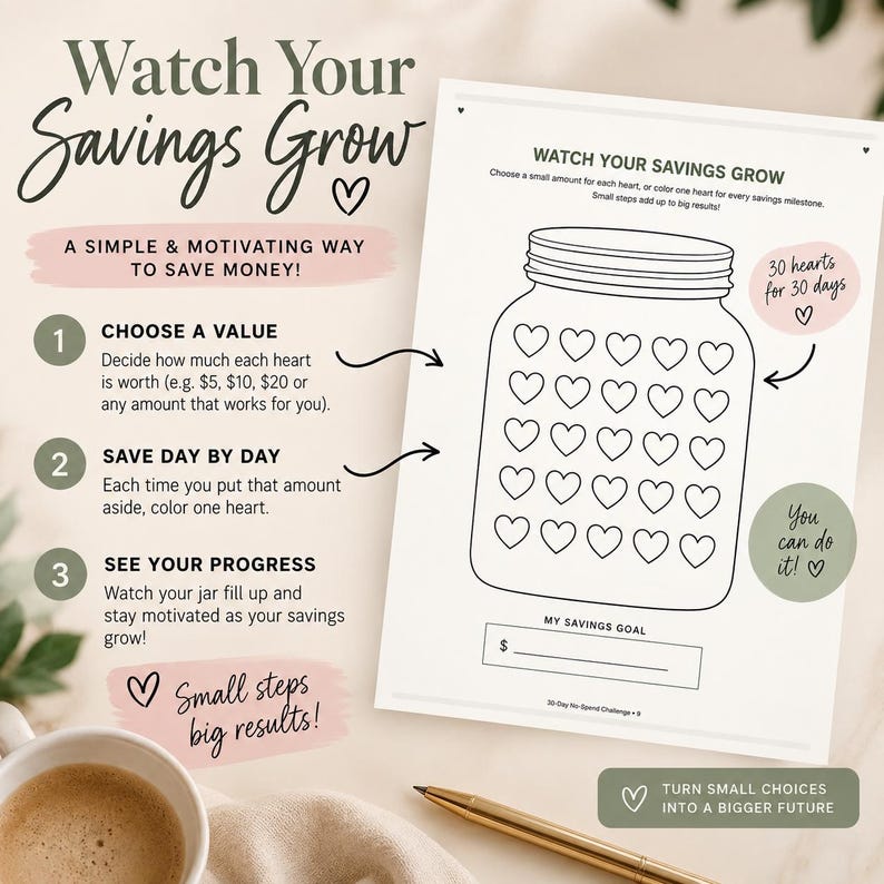 May include: A printable savings tracker sheet featuring a large jar outline filled with thirty hearts to color in. The text reads Watch Your Savings Grow, includes three numbered steps for saving money, a space for a savings goal, and motivational phrases.