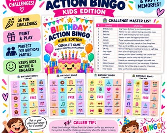 Kids Birthday Action Bingo, Silly Physical Challenges, Instant Download PDF