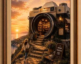Surreal Camera Library Art Print: Whimsical Book Lover Poster (Digital Download)