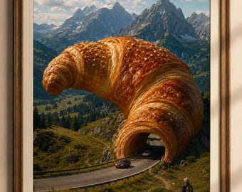 Surreal Croissant Mountain Art Print: Whimsical Kitchen Decor (Digital Download)