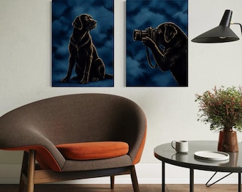Black Labrador Photographer Diptych, Scratchboard Style, Dark Blue Background (Digital Download)