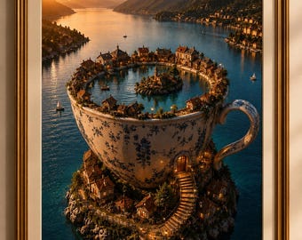 Surreal Teacup Village Art Print: Whimsical Coastal Fantasy (Digital Download)