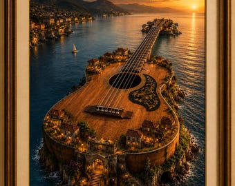 Surreal Acoustic Guitar Island Art Print: Fantasy Coastal Music Poster (Digital Download)