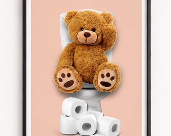 Funny Teddy Bear Toilet Art Print: Whimsical Restroom Decor (Digital Download)