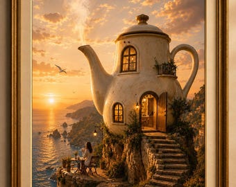 Surreal Teapot Cottage Art Print: Fantasy Coastline Landscape (Digital Download)