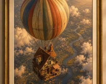Surreal Hot Air Balloon House Print: Whimsical Cottagecore Fantasy Landscape (Digital Download)