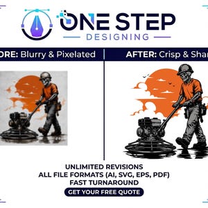 Puede incluir: Un anuncio de servicio de diseño gráfico titulado ONE STEP DESIGNING. Muestra una comparación lado a lado de una ilustración borrosa frente a una nítida de un esqueleto con casco y camisa naranja operando una máquina pulidora de hormigón.