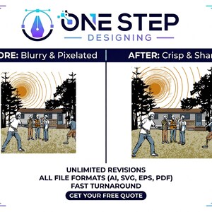 Könnte beinhalten: Eine Vergleichsgrafik von ONE STEP DESIGNING zeigt links ein unscharfes Bild und rechts eine scharfe Version. Beide Bilder zeigen Skelette auf einem Feld vor einem Haus mit einer Sonnengrafik. Der Text umfasst UNLIMITED REVISIONS, ALL FILE FORMATS, FAST TURNAROUND und GET YOUR FREE QUOTE.