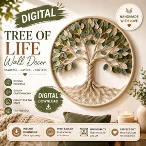 Puede incluir: Una pieza de arte mural circular que presenta un árbol de la vida estilo macramé con tronco y raíces trenzadas, adornado con numerosas hojas de tela en tonos verde salvia, oliva y crema. El texto dice DIGITAL TREE OF LIFE Wall Decor.