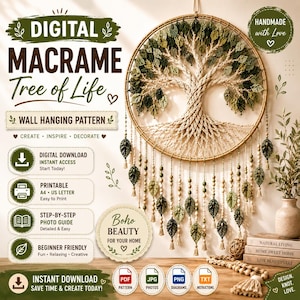 May include: A digital macrame Tree of Life wall hanging pattern featuring text including Digital Macrame Tree of Life, Wall Hanging Pattern, Digital Download, Printable, Step-by-Step Photo Guide, Beginner Friendly, and Boho Beauty for your home.