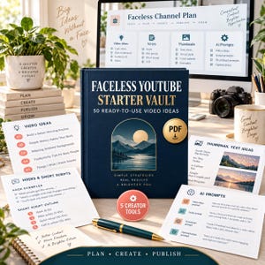 May include: A dark blue book titled Faceless YouTube Starter Vault with 50 ready-to-use video ideas, featuring a mountain landscape illustration. Surrounding the book are printed cards with video ideas, hooks, scripts, and AI prompts, plus a pen.