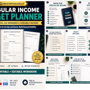 Op de afbeelding: Een 30-pagina tellend printbaar en bewerkbaar budgetplanboek voor onregelmatig inkomen voor freelancers en gig-werkers. Het document bevat maandelijkse kasstroomplannen, inkomstenlogboeken, uitgavenoverzichten en tools voor belastingplanning.