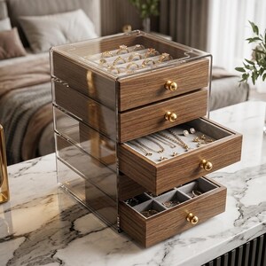 May include: A four-drawer jewelry organizer featuring a clear acrylic frame and wood-grain drawer fronts with small gold-toned knobs. The top drawer contains ring slots, while the lower drawers are lined with gray velvet for storage.