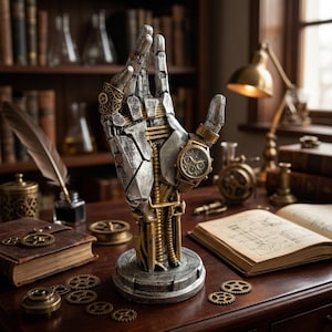 Könnte beinhalten: Eine mechanische Handskulptur mit verwittertem Silber- und Goldfinish und komplizierten zahnradartigen Details. Die Hand steht aufrecht auf einem runden Sockel und ist mit einem Metallring am Zeigefinger sowie einer Armbanduhr am Daumen verziert.