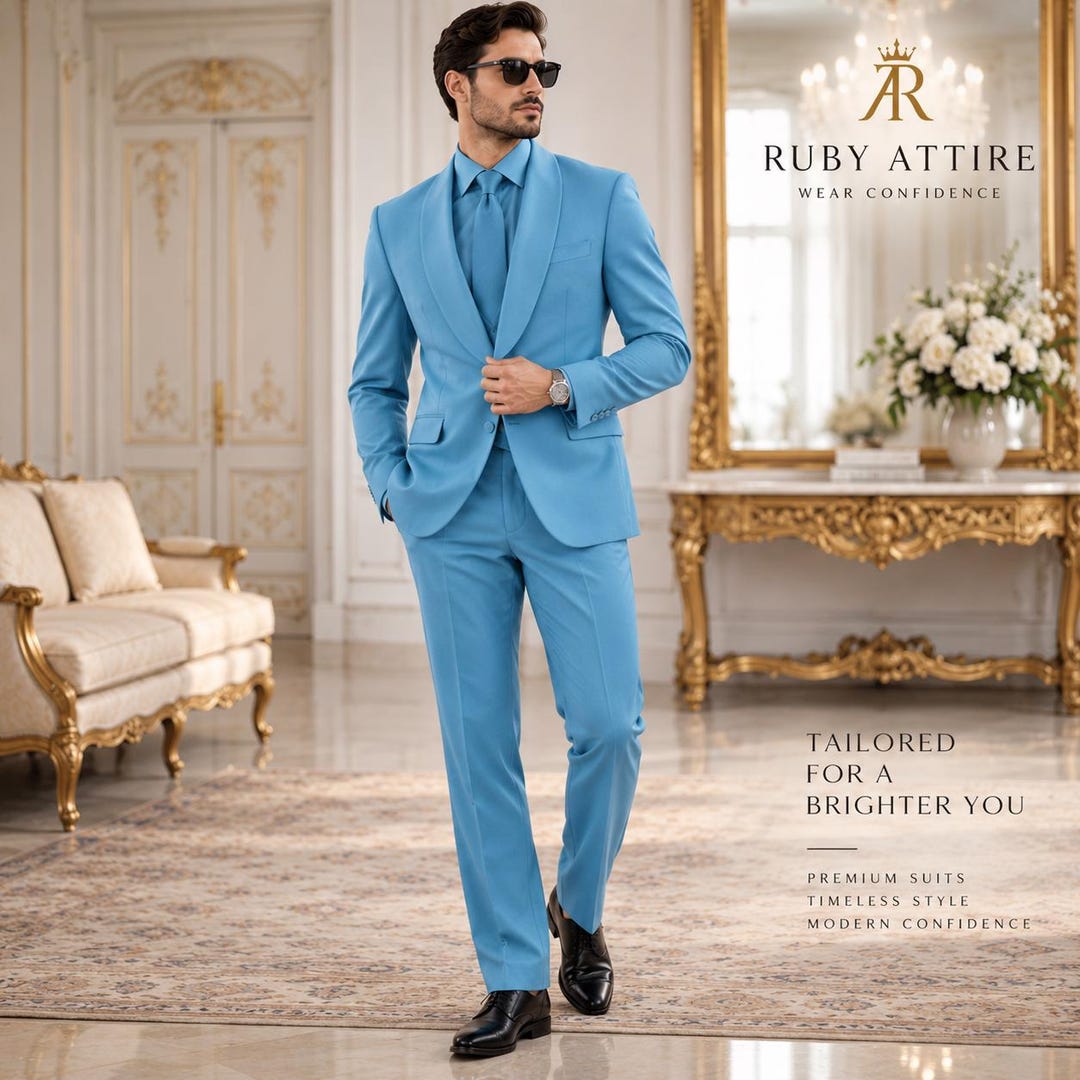 Sky Blue Mens Wedding Suit, Slim Fit Groomsmen Formal Wear (custom
