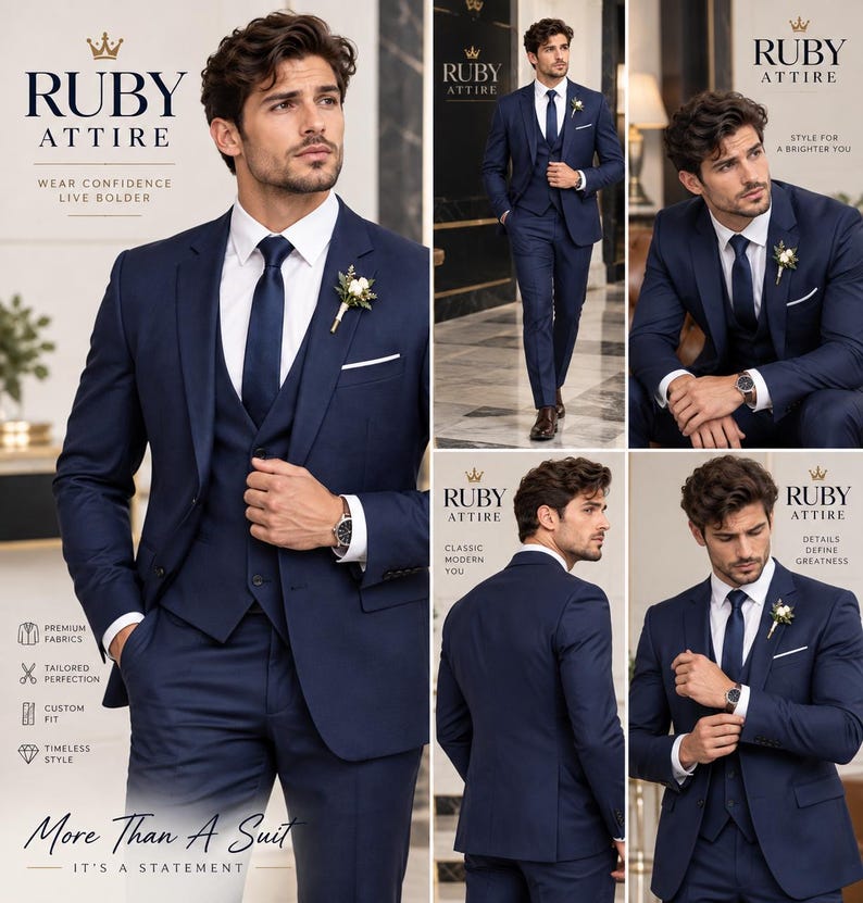 Navy Blue 3 Piece Suit for Men, Custom Tailored Wedding Groom Suit - Etsy Navy Blue 3 Piece Suit for Men, Custom Tailored Wedding Groom Suit - Etsy