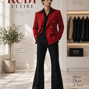 Könnte beinhalten: Ein zweireihiger roter Blazer mit goldenen Knöpfen über einem schwarzen Hemd mit Kragen und einer schwarzen Schlaghose. Das Bild enthält den Text RUBY ATTIRE, TIMELESS STYLE MODERN YOU, CLASSIC BOLD CONFIDENT, EST. 2024, FOR A BOLDER TOMORROW, SUITS THAT TELL YOUR STORY und More Than A Suit.