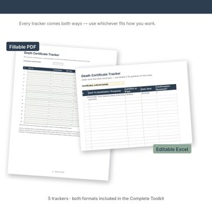 May include: A digital document set titled Death Certificate Tracker, presented in two formats: a fillable PDF and an editable Excel spreadsheet. The documents feature columns for tracking sent certificates, institution names, dates, and confirmation status.