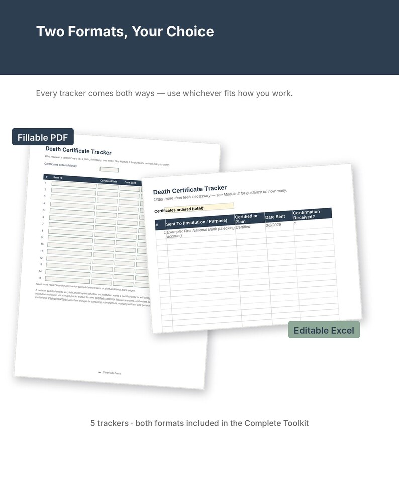 May include: A digital document set titled Death Certificate Tracker, presented in two formats: a fillable PDF and an editable Excel spreadsheet. The documents feature columns for tracking sent certificates, institution names, dates, and confirmation status.
