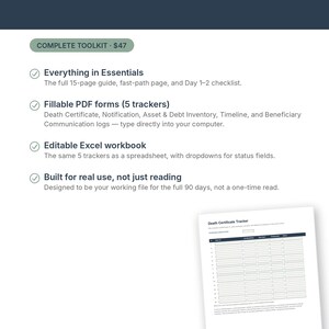 May include: A digital toolkit document titled What's Included, listing a 15-page guide, 5 fillable PDF trackers, and an editable Excel workbook. The text includes details on a death certificate tracker, notification, asset inventory, and beneficiary logs.