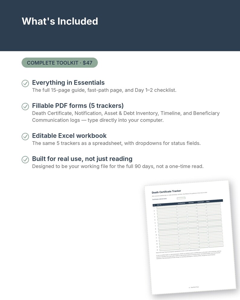 May include: A digital toolkit document titled What's Included, listing a 15-page guide, 5 fillable PDF trackers, and an editable Excel workbook. The text includes details on a death certificate tracker, notification, asset inventory, and beneficiary logs.
