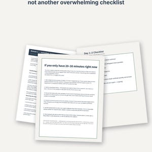 May include: A printed document set titled A calm, clear system &mdash; not another overwhelming checklist. The pages include Module 1 &mdash; Immediate Triggers, Day 1-2 Checklist, and a section titled If you only have 20-30 minutes right now with 15 pages.